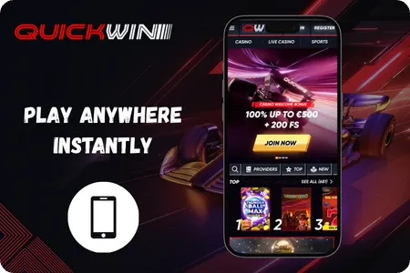 Responsive adaptive website design rendering smoothly on a smartphone screen for QuickWin mobile casino