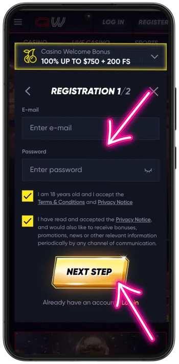 Entering email address and creating a secure password in the QuickWin sign up form