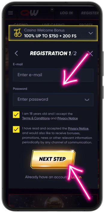 Enter email and password registration form